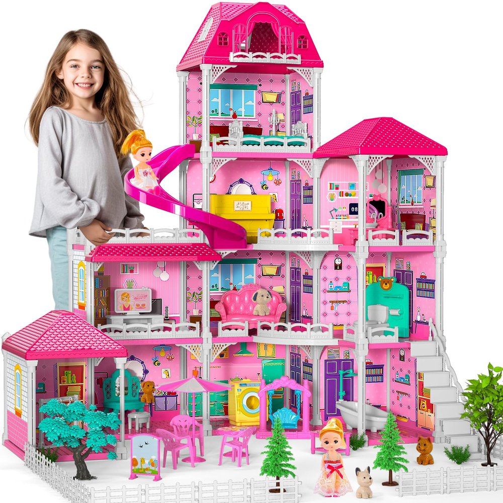 Doloowee Dolls House for Girls Toys, 4 Stories 10 Rooms Dollshouse with 2 Princesses Slide Accessories, Playset for Toddler Playhouse Gift for for 3 4 5 6 7 8+ Year Old Girls Toys