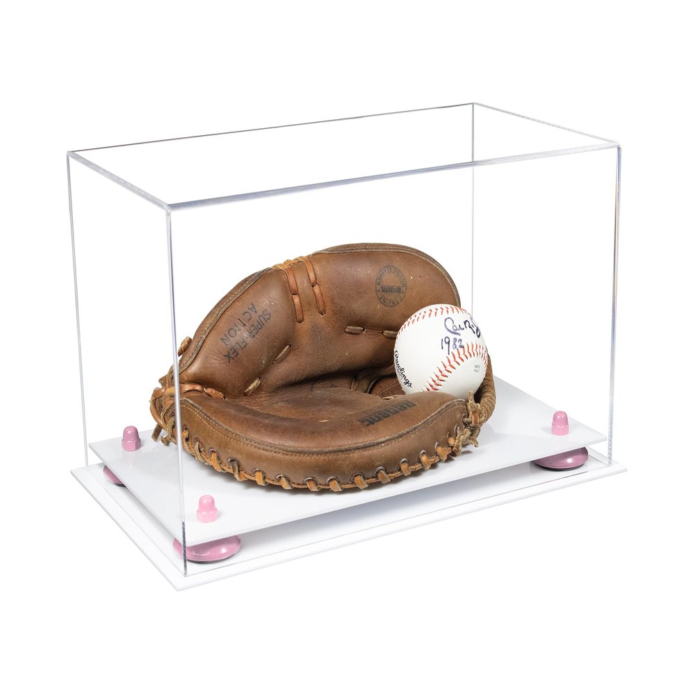 Better Display Cases Acrylic Catchers Glove Display Case with Clear Case, Pink Risers and White Base 14" x 8" x 8.5" (V16/A011)