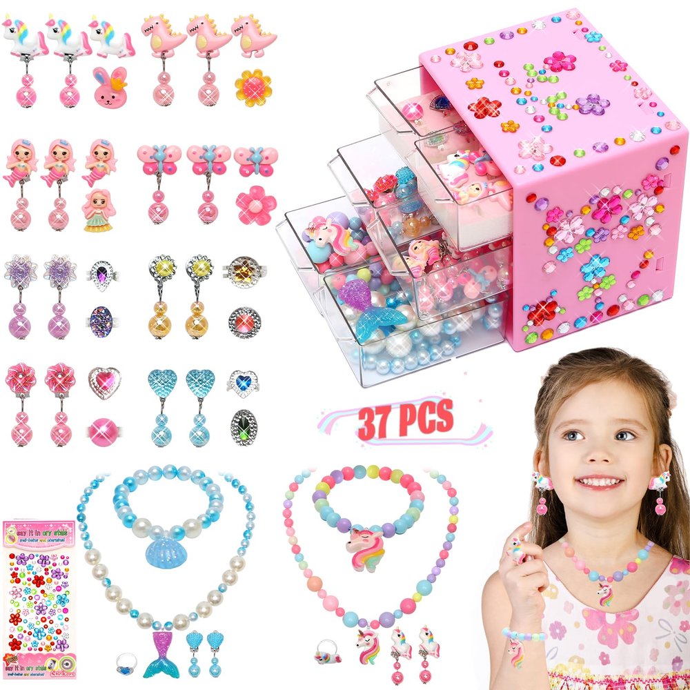 Toys for Girls Jewelry,37PCS Princess Toddler Girl Toys Age 6-8 for Pretend Play & Dress Up, Adjustable Ring Clip on Earrings Kids Toy for 3 4 5 6 7 8 9 Year Old Girls Christmas Birthday Gifts Ideas