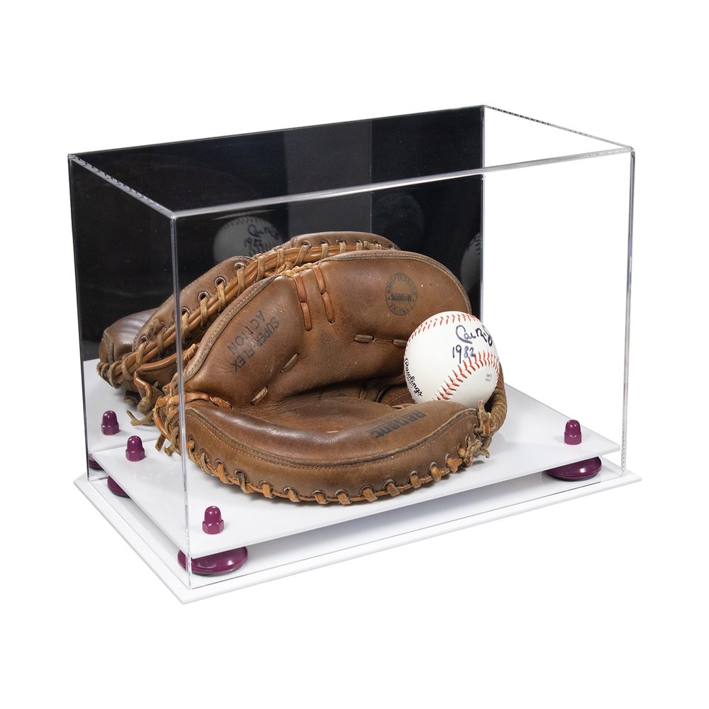 Better Display Cases Acrylic Catchers Glove Display Case with Mirror Case, Purple Risers and White Base 14" x 8" x 8.5" (V16/A011)