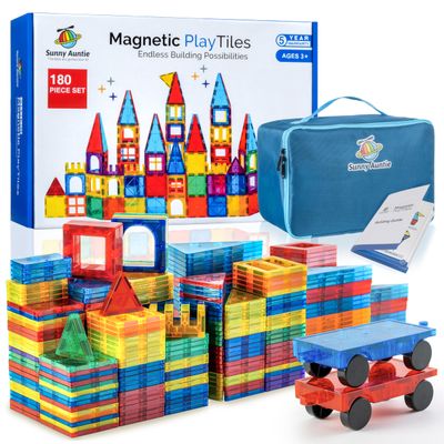 Magnetic Tiles 180 PCS (XL SET), Magnetic Tiles for Kids, Toy for 3 4 5 6 7 8 Year Old Boys & Girls, Large Building Set, Great Gift for Kids Aged 3-8, Gift Box, + Bonus Zippered Carrying CASE