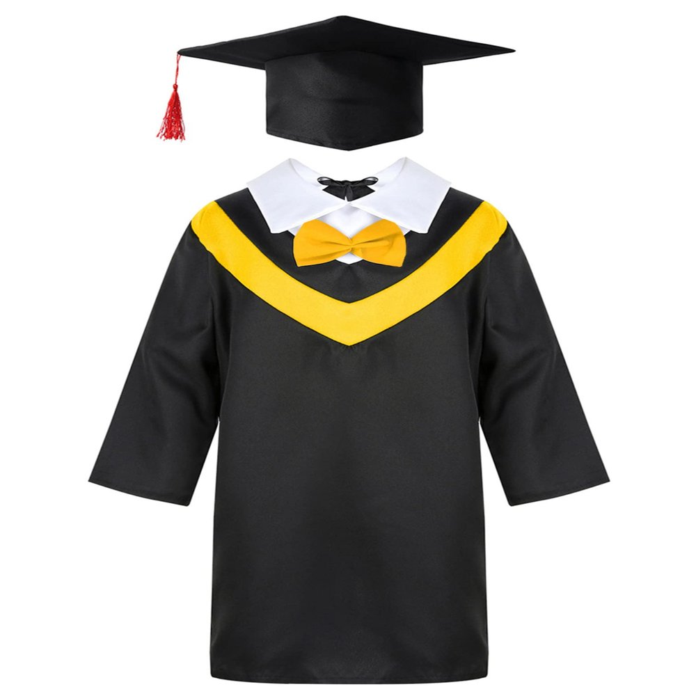 Fldy Graduation Cap and Gown Set for Children with 2023 Tassel Kindergarten Nursery Gown Cap Preschool Graduation Hat Yellow 10-12 Years