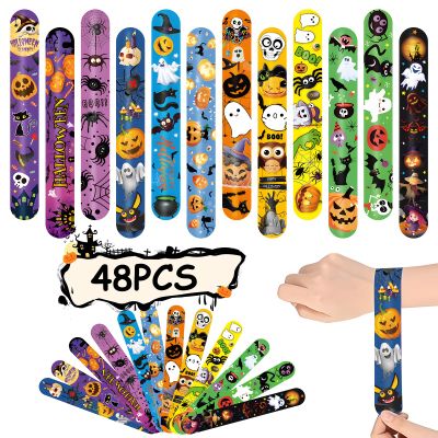 48 Pieces Halloween Slap Bracelets Bulk Party Favors for Kids - 12 Designs Snap Bracelets for Halloween Decorations, Halloween Goodie Treat Bag Stuffers Classroom Prizes Exchanging Gifts Supplies