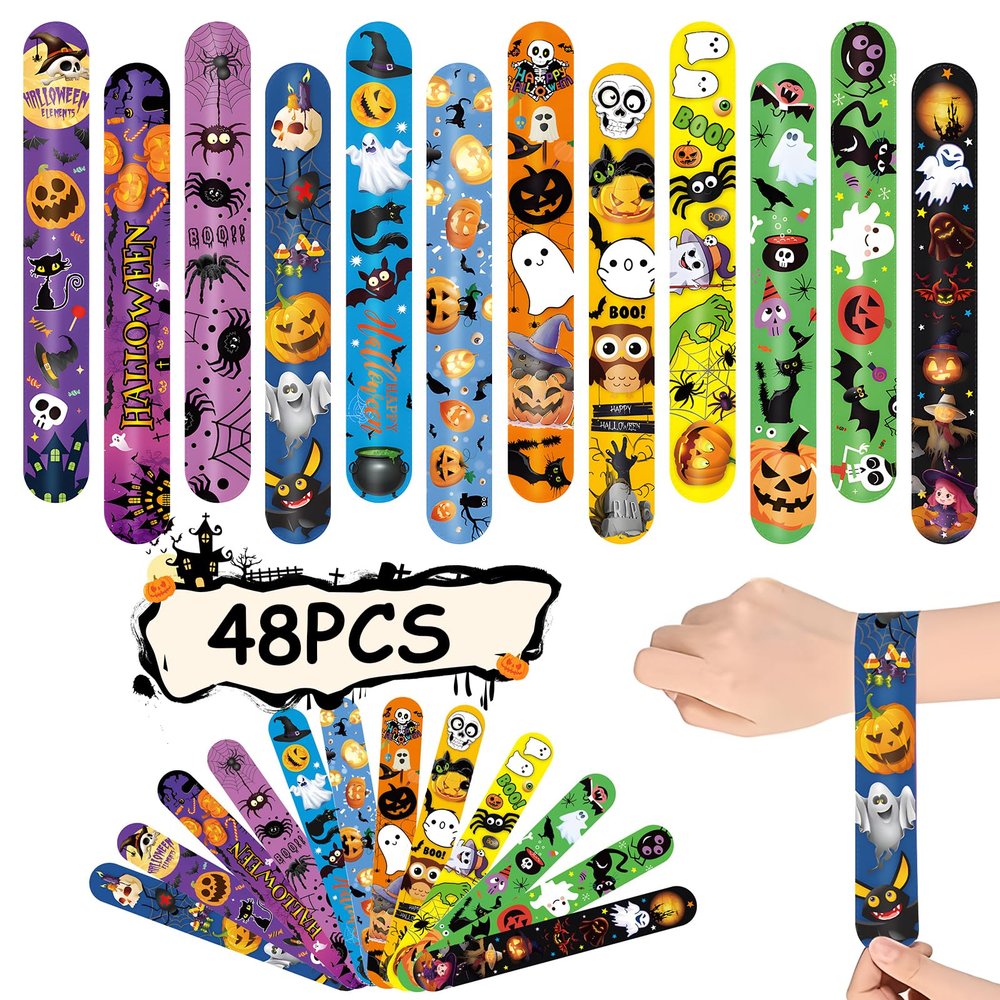 48 Pieces Halloween Slap Bracelets Bulk Party Favors for Kids - 12 Designs Snap Bracelets for Halloween Decorations, Halloween Goodie Treat Bag Stuffers Classroom Prizes Exchanging Gifts Supplies