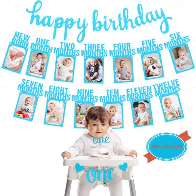 1st Birthday Baby Photo Banner for Newborn to 12 Months, 17PCS First Birthday Decorations for Boys, Monthly Milestone Bunting Garland with ONE Cake Topper Banner Pre-strung with Frame, Blue