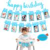 1st Birthday Baby Photo Banner for Newborn to 12 Months, 17PCS First Birthday Decorations for Boys, Monthly Milestone Bunting Garland with ONE Cake Topper Banner Pre-strung with Frame, Blue view 1