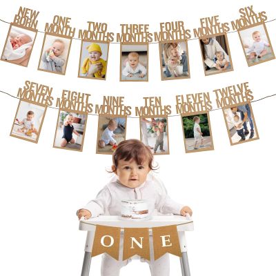 1st Birthday Baby Photo Banner for Newborn to 12 Months, First Birthday Decorations for Boys Girls,First Birthday Photo Banner with High Chair ONE Banner Party Decor, Monthly Milestones Garland, Kraft