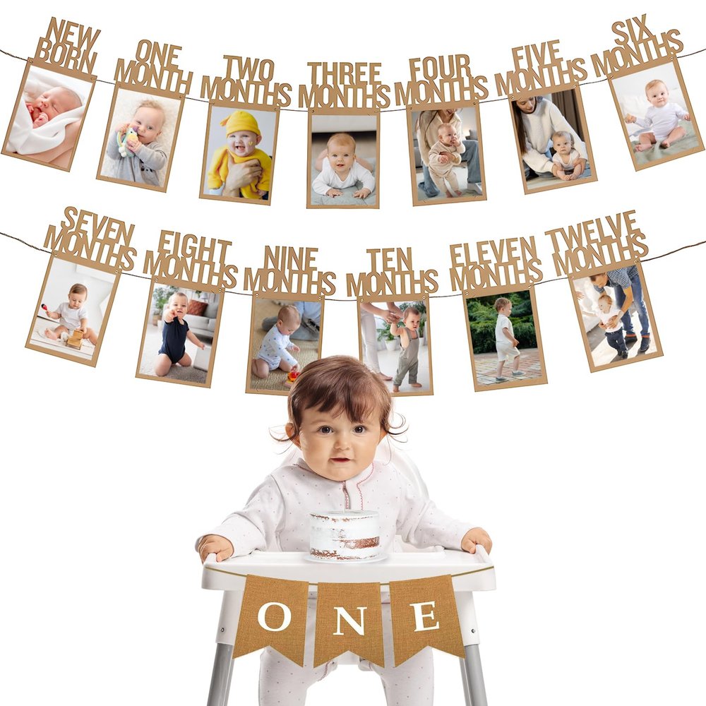 1st Birthday Baby Photo Banner for Newborn to 12 Months, First Birthday Decorations for Boys Girls,First Birthday Photo Banner with High Chair ONE Banner Party Decor, Monthly Milestones Garland, Kraft