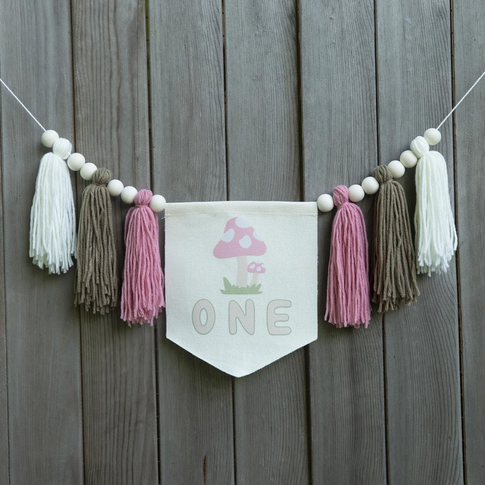 Toadstool One Birthday Banner - Mushroom 1st Highchair Birthday Garland, Mushroom One Tassel Garland, First Birthday Party Decorations, One Birthday Party Supplies, Fairy Princess Tassel Banner
