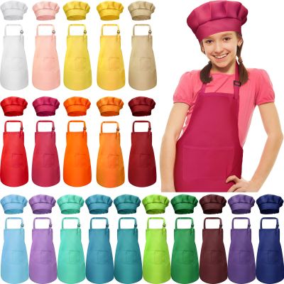 Handepo 40 Pcs Apron Chef Hat Set Aprons Chef 's Bib Apron Hats Bulk for Cooking Painting 7-13 Years(Mixed Color)