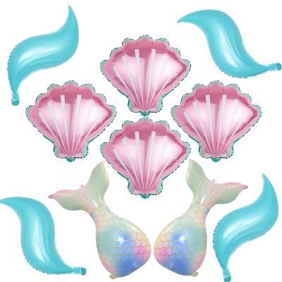 10Pcs Mermaid Tail Balloons Sea Shells Balloons Blue Mermaid Balloon for Baby Shower Birthday Under The Sea Party Decorations Supplies