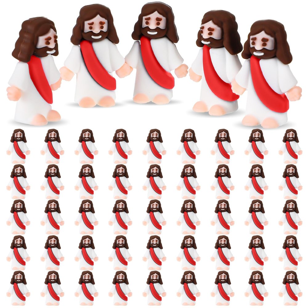 Sumind 50 Pcs Little Jesus Figures Christmas Mini Pocket Jesus Figurines Bulk Original Design for Xmas Hide and Seek Religious Party Favors Sunday School Baptism Gifts(Red)