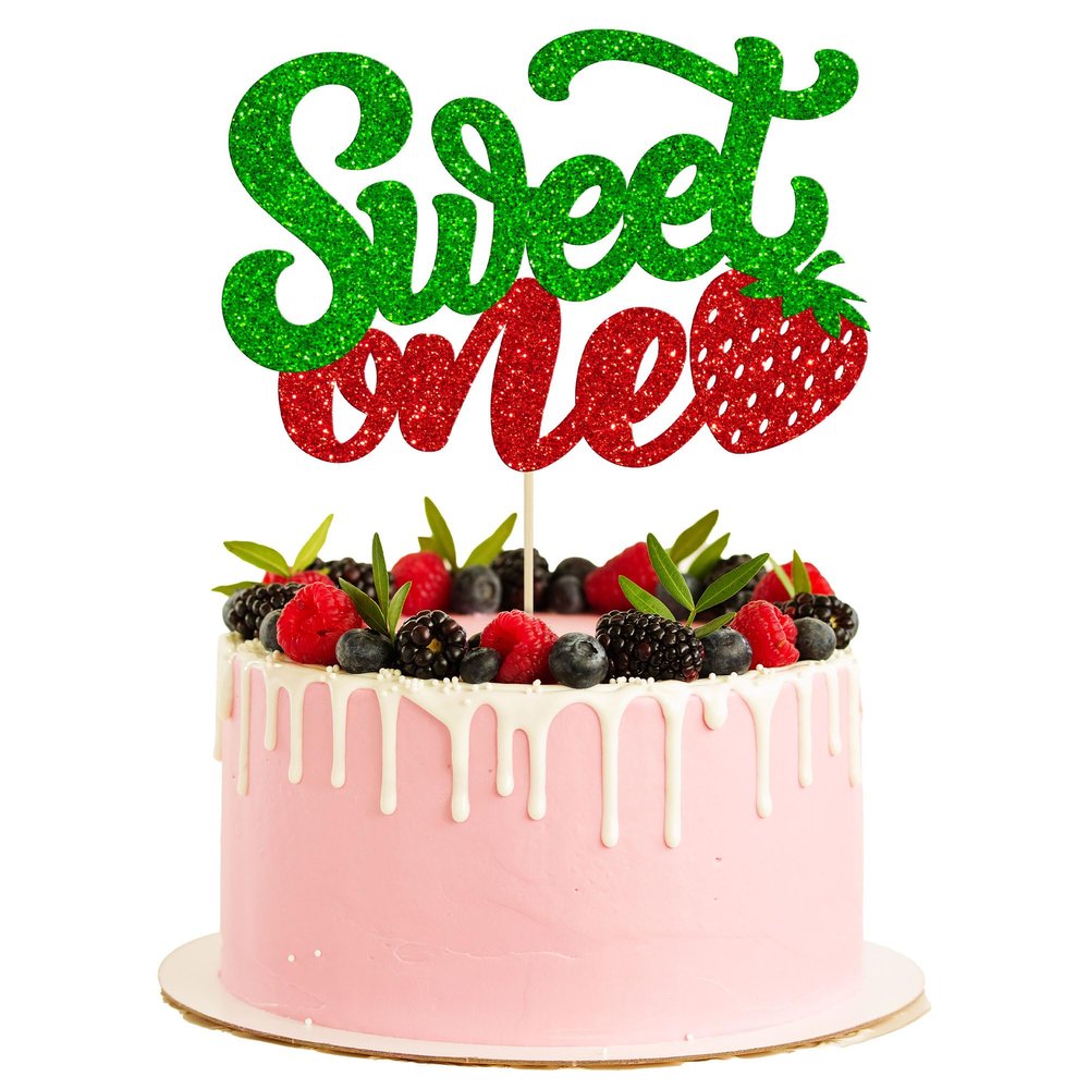 1 Pack Sweet One Cupcake Topper Glitter First Birthday Strawberry Cake Pick for Fruit Baby Shower 1st Birthday Berry Sweet Party Cake Decorations Supplies Green