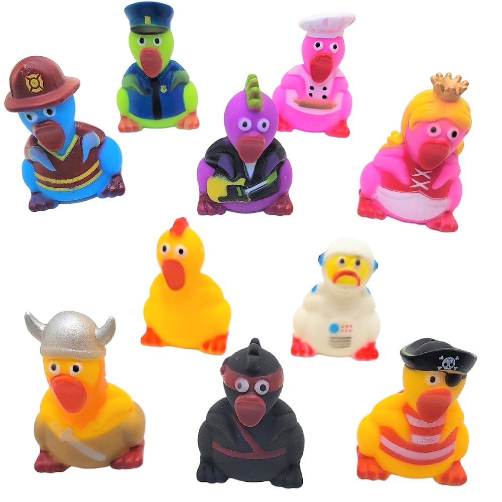 2" Rubber Screaming Chicken Assortment (25 Pack) Non Squeaky. Dressed in All Different Occupation: Ninja, Rock Star, Princess, Knight, Pirate, Astronaut, and More! (25 Pack)