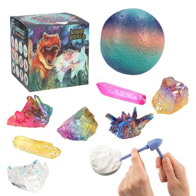 Depesche 12156 Dino World Galaxy  Children's Digging Kit, Colourful Ball with 3 Gems, Hammer, Chisel and Brush Included