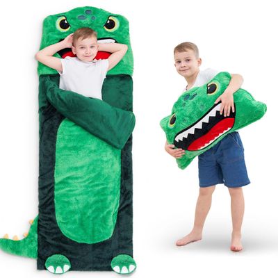 iPlay, iLearn Kids Dinosaur Sleeping Bag, Toddler Boys Dinos Nap Mat, Plush Animal Slumber Bag, 2 In 1 Daycare Preschool Kindergarten Birthday Gift Travel Sleepover for 3 4 5 6 7 8 10 12 Yr Child Teen
