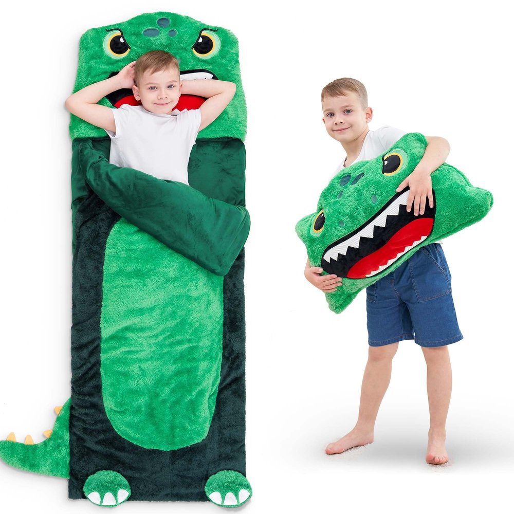 iPlay, iLearn Kids Dinosaur Sleeping Bag, Toddler Boys Dinos Nap Mat, Plush Animal Slumber Bag, 2 In 1 Daycare Preschool Kindergarten Birthday Gift Travel Sleepover for 3 4 5 6 7 8 10 12 Yr Child Teen