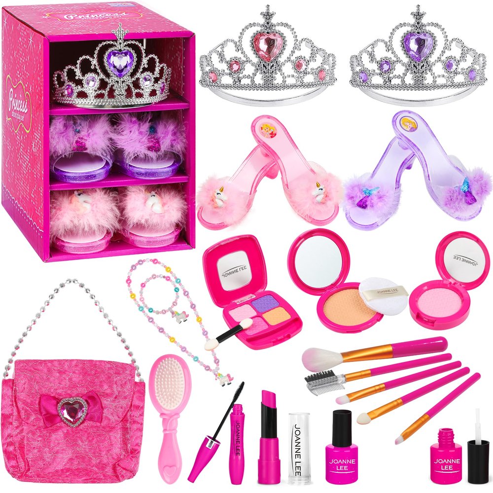 BIBUTY Kids Makeup Kit - Princess Dress Up Shoes, Crowns & Handbag - Pretend Play Fake Makeup Set for Girls, Ages 3-6