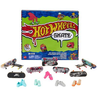 Hot Wheels Skate Fingerboards 10-Pack, Set of 10 Finger Skateboards with 5 Pairs of Removable Skate Shoes for Kids, Hot Wheels-Themed Graphics
