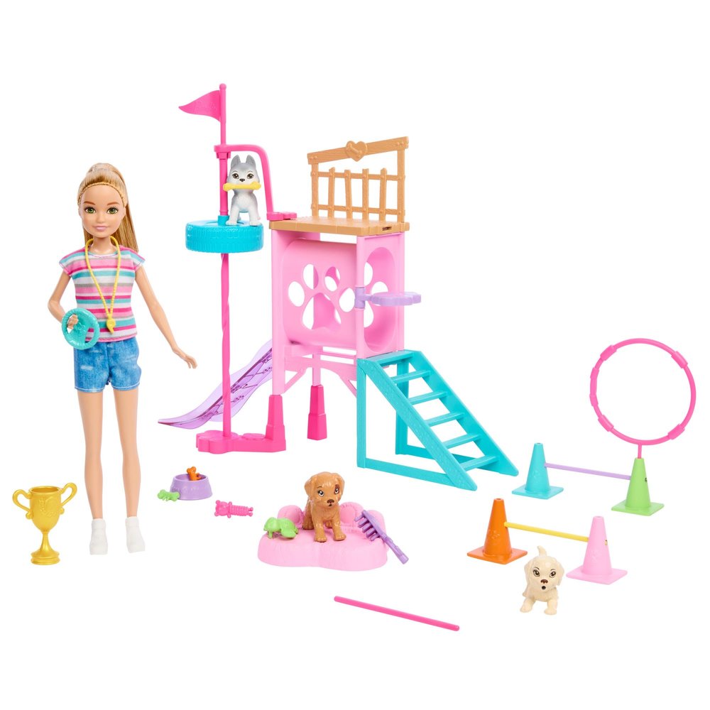 Barbie and Stacie to The Rescue Doll & Playset, Puppy Obstacle Course with Doll, 3 Dog Figures & 18 Accessories