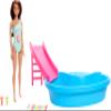 Barbie Doll & Pool Playset, Brunette in Seafoam Blue One-Piece Swimsuit with Pool, Slide, Towel & Drink Accessories view 1