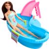 Barbie Doll & Pool Playset, Brunette in Seafoam Blue One-Piece Swimsuit with Pool, Slide, Towel & Drink Accessories view 2