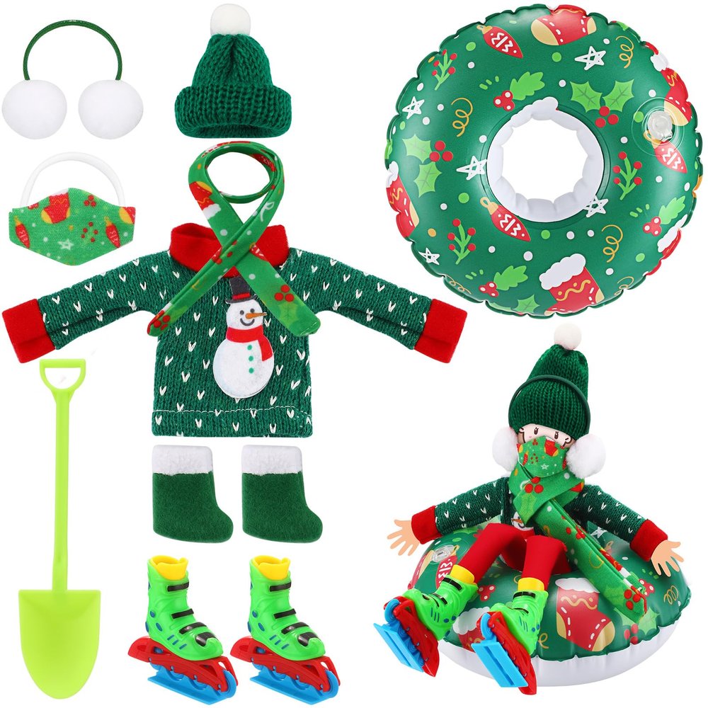 Jenaai 9 Pcs Christmas Accessories Set Christmas Clothing Includes Ear Muffs, Scarf, Sweater, Boot, Inflatable Snow Tube, Mask, Hat, Ice Skates, Shovel for Decor