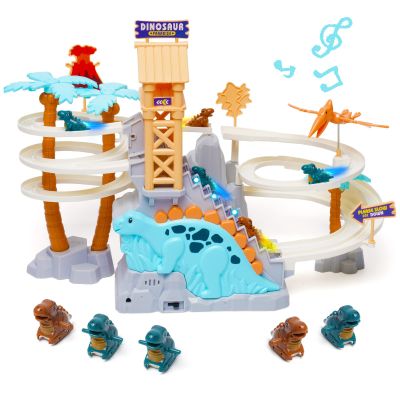 Dinosaur Chasing Track Playset with Music - Double Loop Slide, Climb Stairs & Roller Coaster, Educational Toddler Toy for Parent-Kid Play, Gift for 3+ Boys Girls (Green)