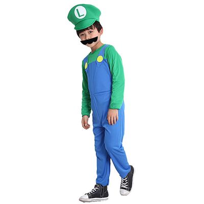 Bnibol Kids Super Brother Costume,Children Jumpsuit Plumber Costume with Hat Mustachefor Halloween Cosplay (Kids Green, L)