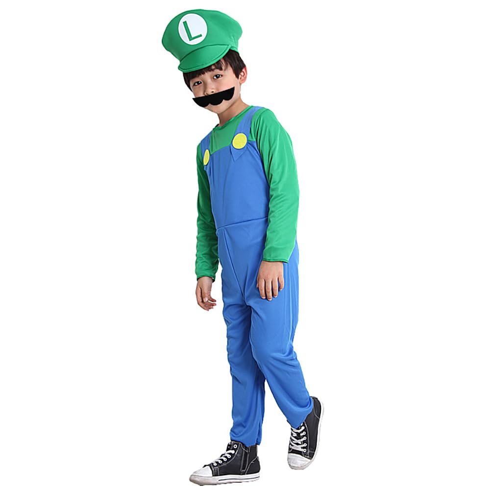 Bnibol Kids Super Brother Costume,Children Jumpsuit Plumber Costume with Hat Mustachefor Halloween Cosplay (Kids Green, L)