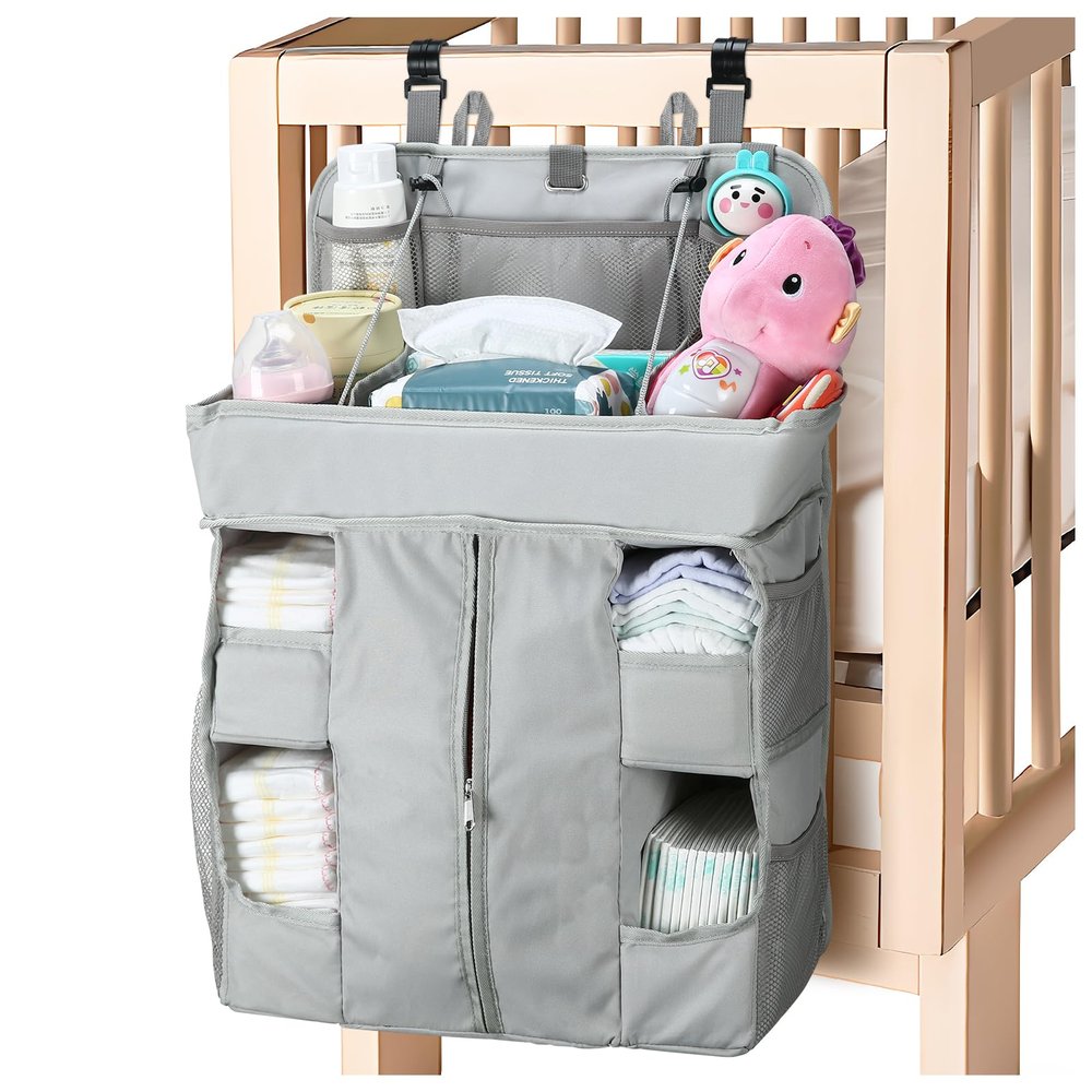 Hautton Hanging Diaper Caddy Organizer, Hanging Diaper Organizer for Changing Table and Crib, Diaper Changing Station Organizer Storage for Nursery Baby Stuff, Shower Gift for Newborn New Mom -Grey