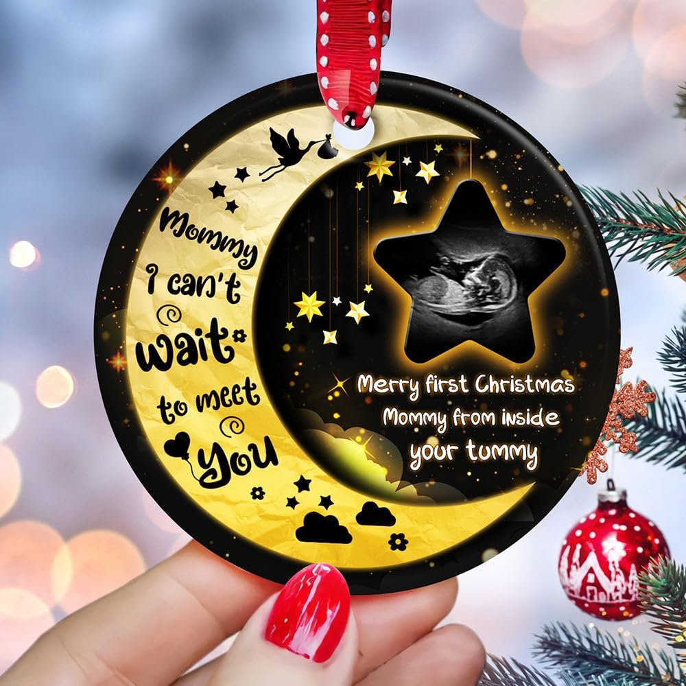 Personalized Christmas Ornament for Mommy New Mom from Baby Bump Mommy I Can't Wait to Meet You Star Baby Ultrasound Custom Name Photo Pregnancy Gifts Tree Hanging Ornament On Christmas