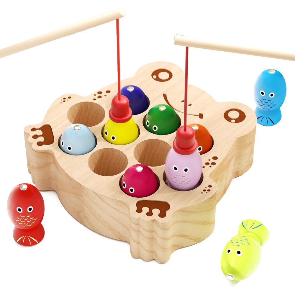edutree Wooden Magnetic Fishing Game for Toddlers 1-3, Frog Fishing Color Sorting Montessori Sensory Preschool Educational Learning Fine Motor Skills Toys for 3 4 5 Years Old Boys Girls