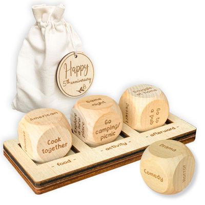 WOODAMORE 5 Year Anniversary Wood Gift for Him Her - 5th Anniversary Wedding Gifts for Wife Husband, Five Years of Marriage Date Ideas, Wooden Game Date Night Dice for Couples