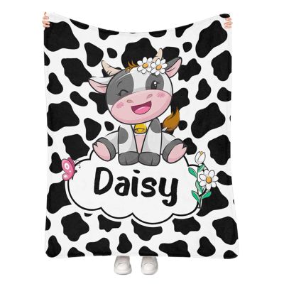 Artsadd Custom Cow Print Blanket with Name Personalized Baby Blanket for Girls Boys Soft Throw Fleece Blanket for Kids Newborn Toddler Customized Name Receiving Swaddle Blanket Birthday Gifts 40"x50"