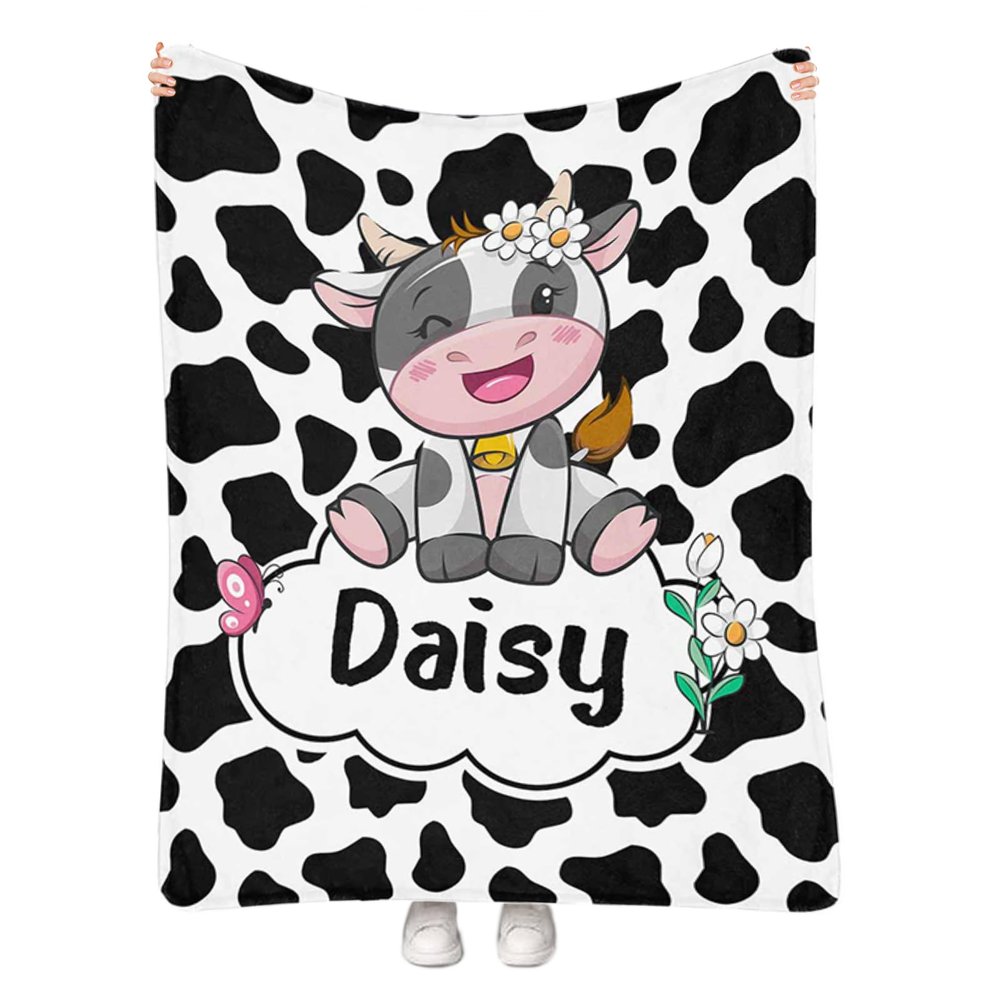 Artsadd Custom Cow Print Blanket with Name Personalized Baby Blanket for Girls Boys Soft Throw Fleece Blanket for Kids Newborn Toddler Customized Name Receiving Swaddle Blanket Birthday Gifts 40"x50"