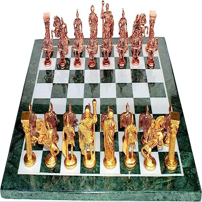 14"X14" Collectible Green Marble Chess Board Game Set + red Box +Brass Roman Pieces