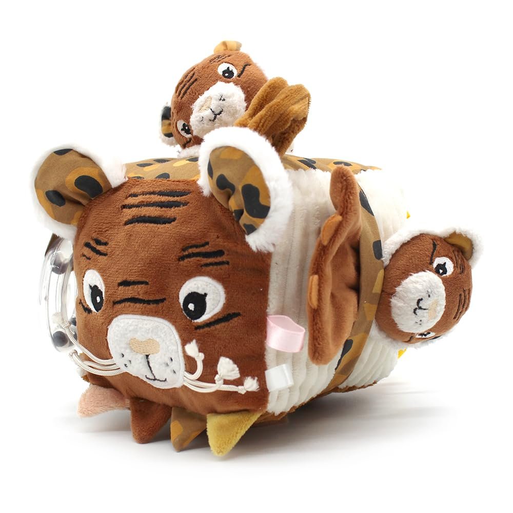 LES DGLINGOS - Speculos Le Tigre Fabric Activity Cube - Sound and Tactile Awakening Toy for Baby - Development Toy - Birth Gift - 12cm - Ochre