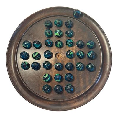 30cm Diameter WOODEN SOLITAIRE BOARD GAME with SEA TURTLE GLASS MARBLES | classic wooden solitaire game | strategy board game | family board game | games for one | board games