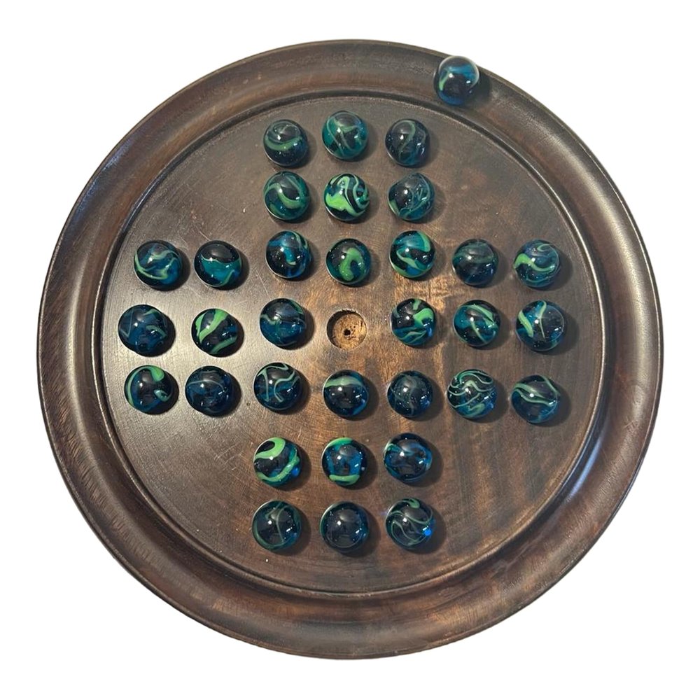 30cm Diameter WOODEN SOLITAIRE BOARD GAME with SEA TURTLE GLASS MARBLES | classic wooden solitaire game | strategy board game | family board game | games for one | board games