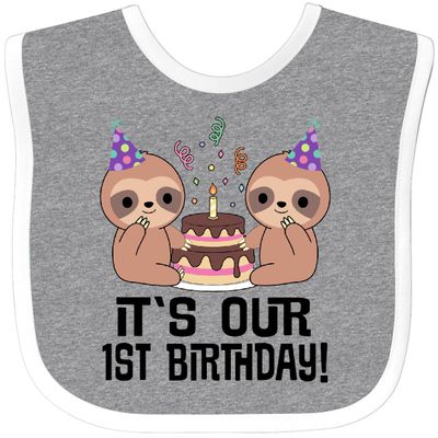 inktastic Twins 1st Birthday Sloth Boy Girl 1 Year Old Baby Bib Heather and White 42892
