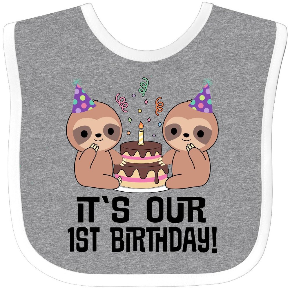 inktastic Twins 1st Birthday Sloth Boy Girl 1 Year Old Baby Bib Heather and White 42892