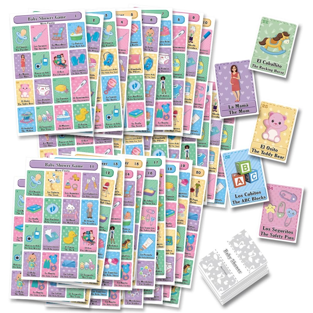 Baby Shower Loteria Fiesta Mexican Bingo Game - Bilingual English and Spanish, for Up to 50 Players