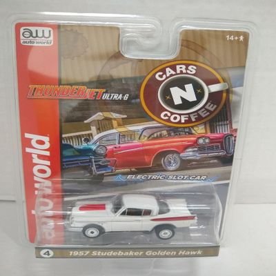 Auto World SC392-4B Cars N Coffee 1957 Studebaker Golden Hawk HO Scale Electric Slot Car - White