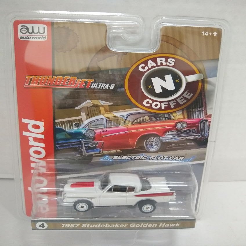 Auto World SC392-4B Cars N Coffee 1957 Studebaker Golden Hawk HO Scale Electric Slot Car - White