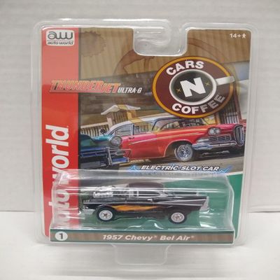 Auto World SC392-1A Cars N Coffee 1957 Bel Air HO Scale Electric Slot Car - Black with Flames
