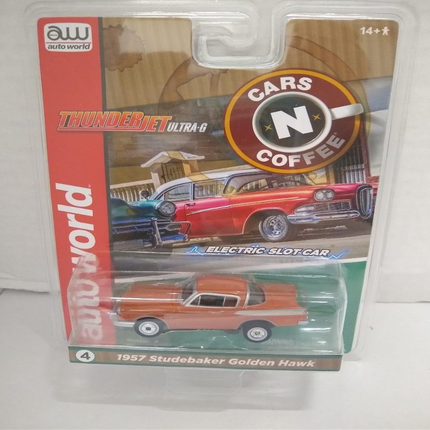 Auto World SC392-4A Cars N Coffee 1957 Studebaker Golden Hawk HO Scale Electric Slot Car - Orange