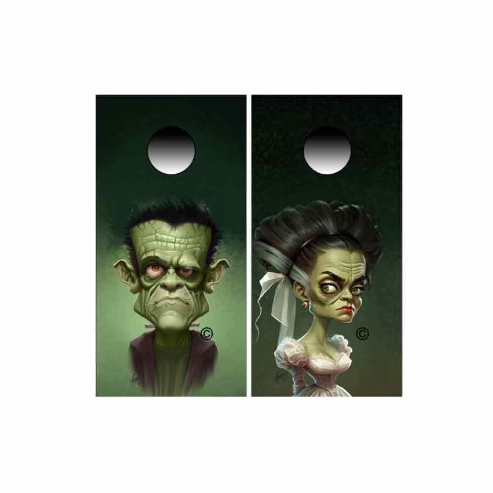 Frankenstein and Lily Portrait Cornhole Wraps Kustom Franky and Lily Low Brow Art