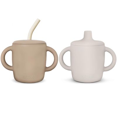 KIDSco. Silicone Sippy Cup with Easy Grip Transition Handles, Soft Spout and Straw. A Non Toxic No Spill Unbreakable Training Cup 5oz/150ml (Oat and Tan)