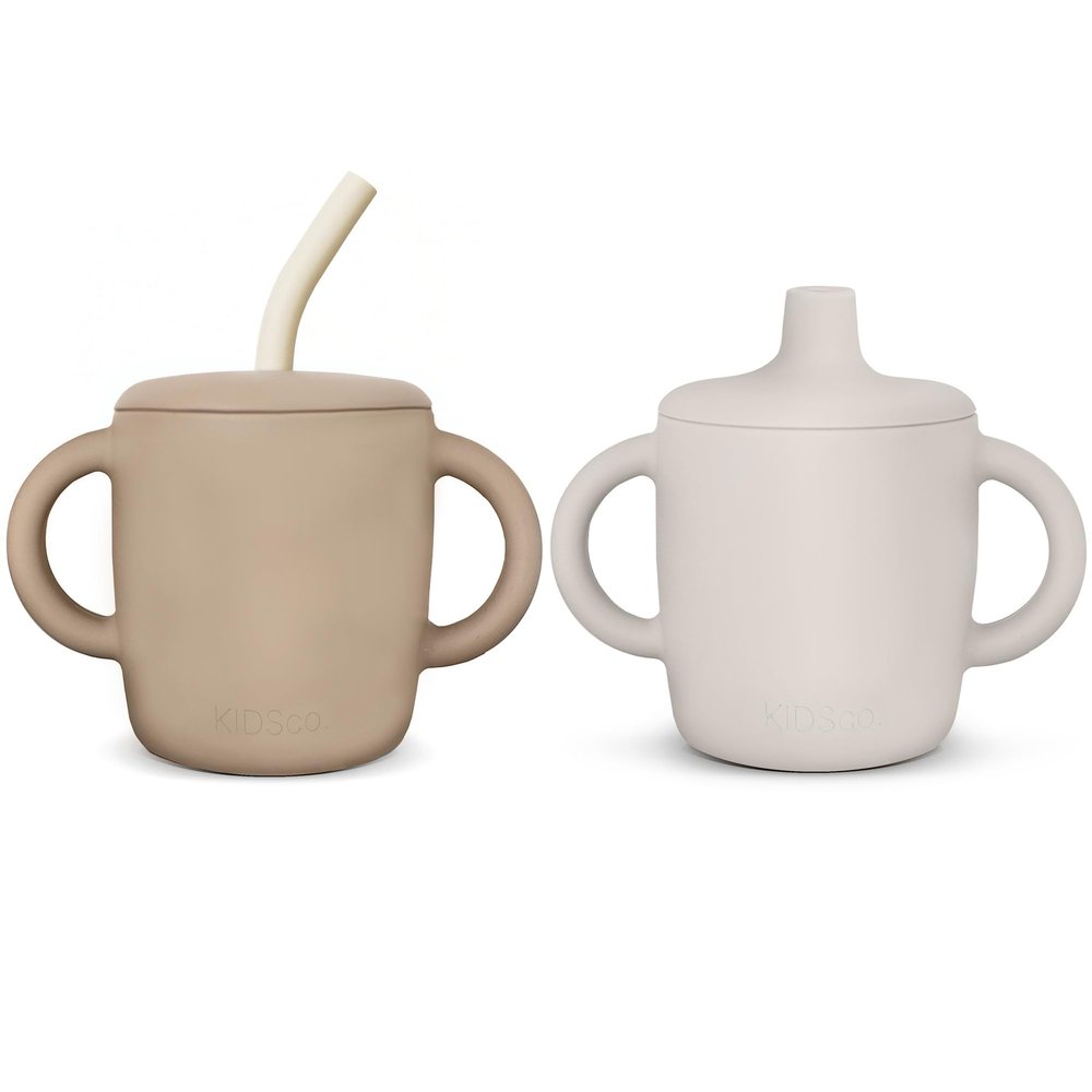 KIDSco. Silicone Sippy Cup with Easy Grip Transition Handles, Soft Spout and Straw. A Non Toxic No Spill Unbreakable Training Cup 5oz/150ml (Oat and Tan)